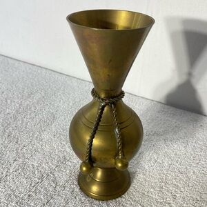 Vintage India Small Solid Brass Vase W Brass Rope Tassel